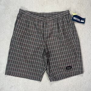 Vintage First Down Shorts Brown Green Plaid Elastic Drawstring Waist Men Size XL